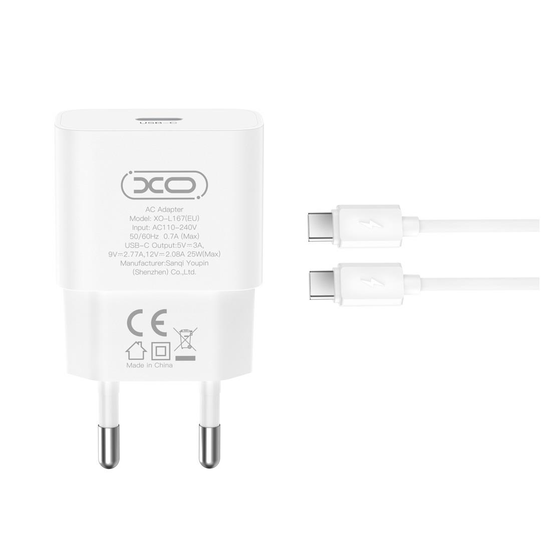 XO L167, ΦΟΡΤΙΣΤΗΣ ΓΡΗΓΟΡΗΣ ΦΟΡΤΙΣΗΣ, 25W, TYPE-C, ΜΕ ΚΑΛΩΔΙΟ TYPE-C ΣΕ TYPE-C, ΛΕΥΚΟ