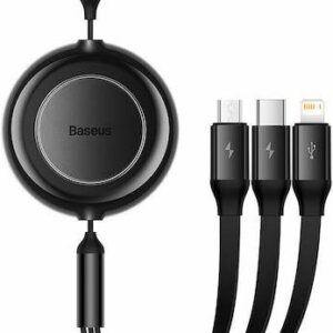 BASEUS BRIGHT MIRROR 2 SERIES, 3 ΣΕ 1, RETRACTABLE, TYPE-C + MICRO USB + LIGHTNING, 3.5A, 1.1M, ΜΑΥΡΟ
